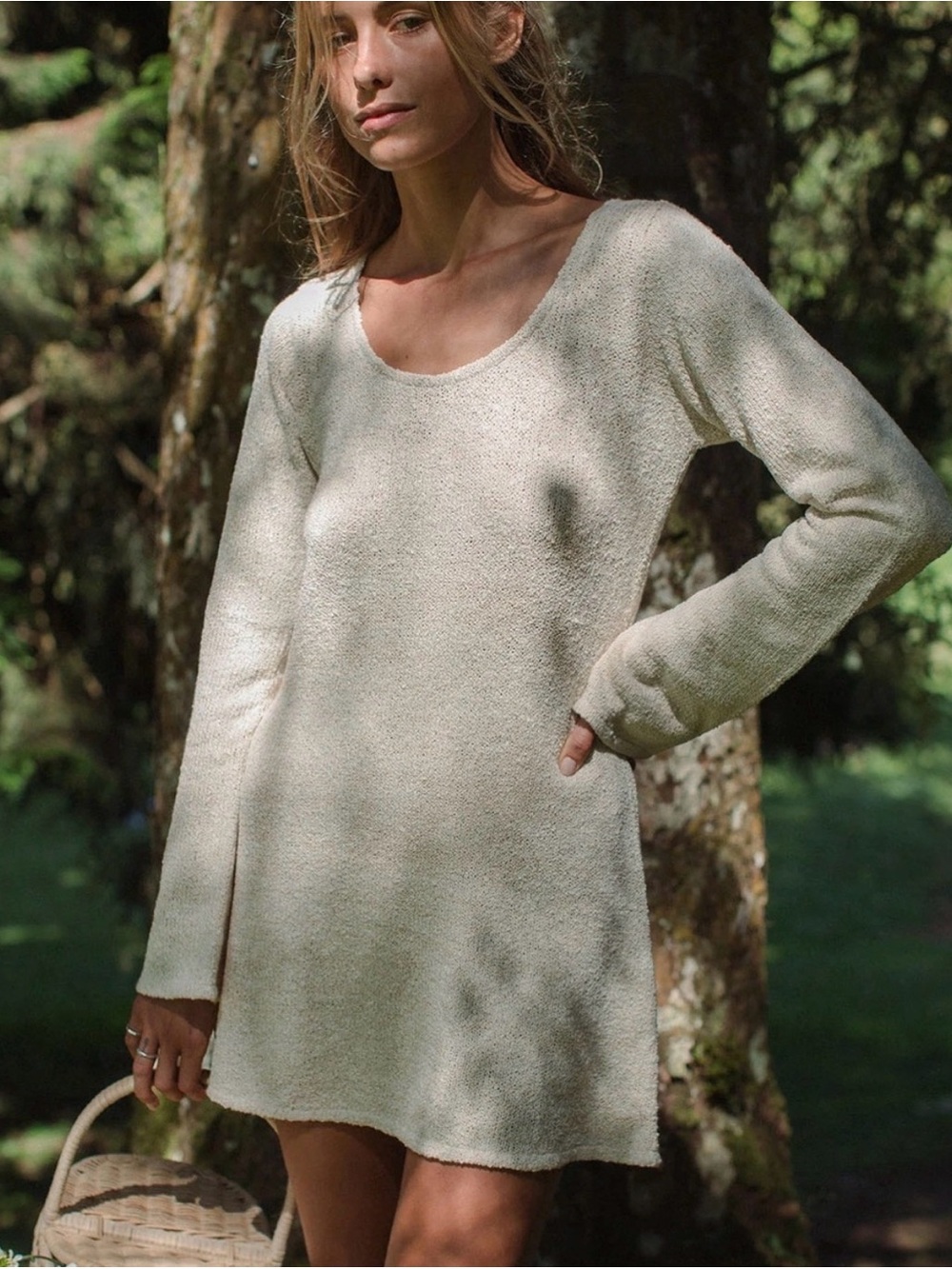 Cream Long-Sleeve Knit Mini Dress
